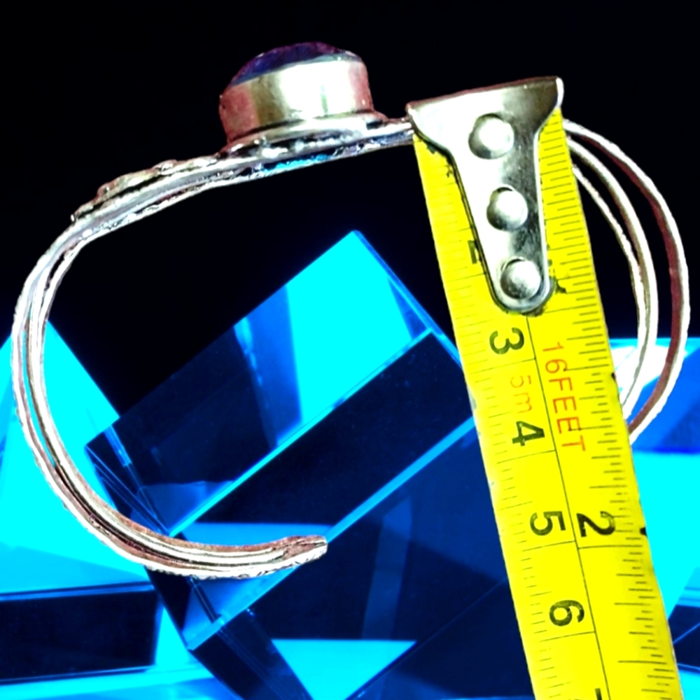 Silver Floral Cuff Bracelet with Blue Crystal Center - Picture 5 of 6